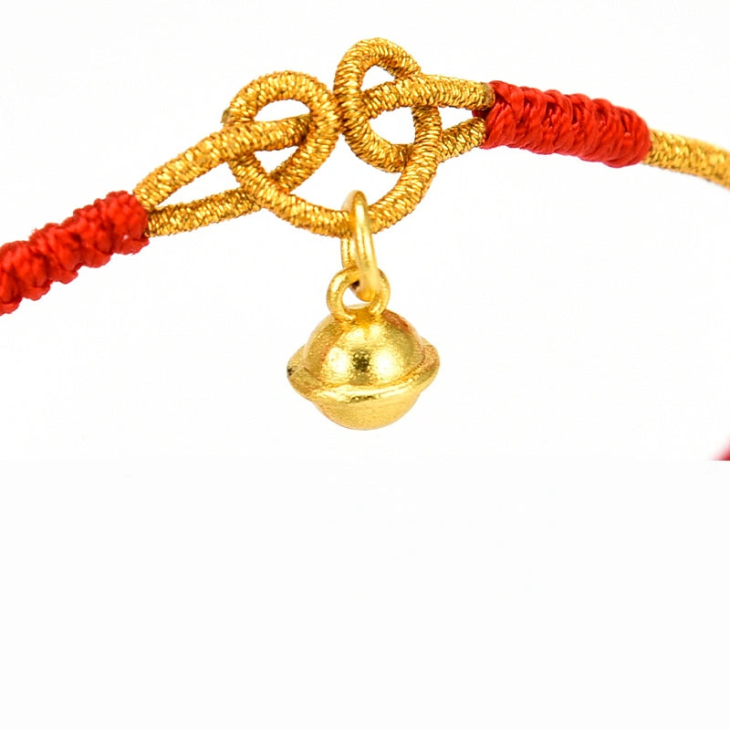 Gold Bell with Gold Thread Woven Red String Anklet - Metal Element, Good Luck & Joy