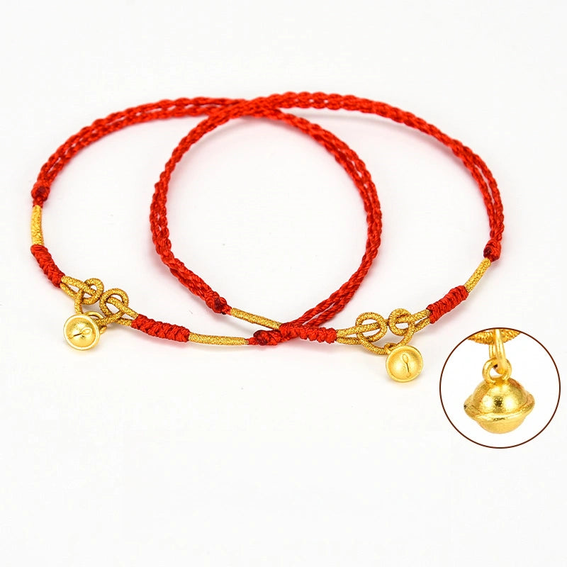 Gold Bell with Gold Thread Woven Red String Anklet - Metal Element, Good Luck & Joy