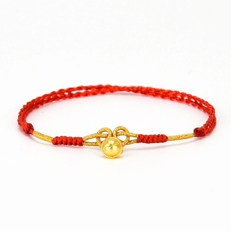 Gold Bell with Gold Thread Woven Red String Anklet - Metal Element, Good Luck & Joy