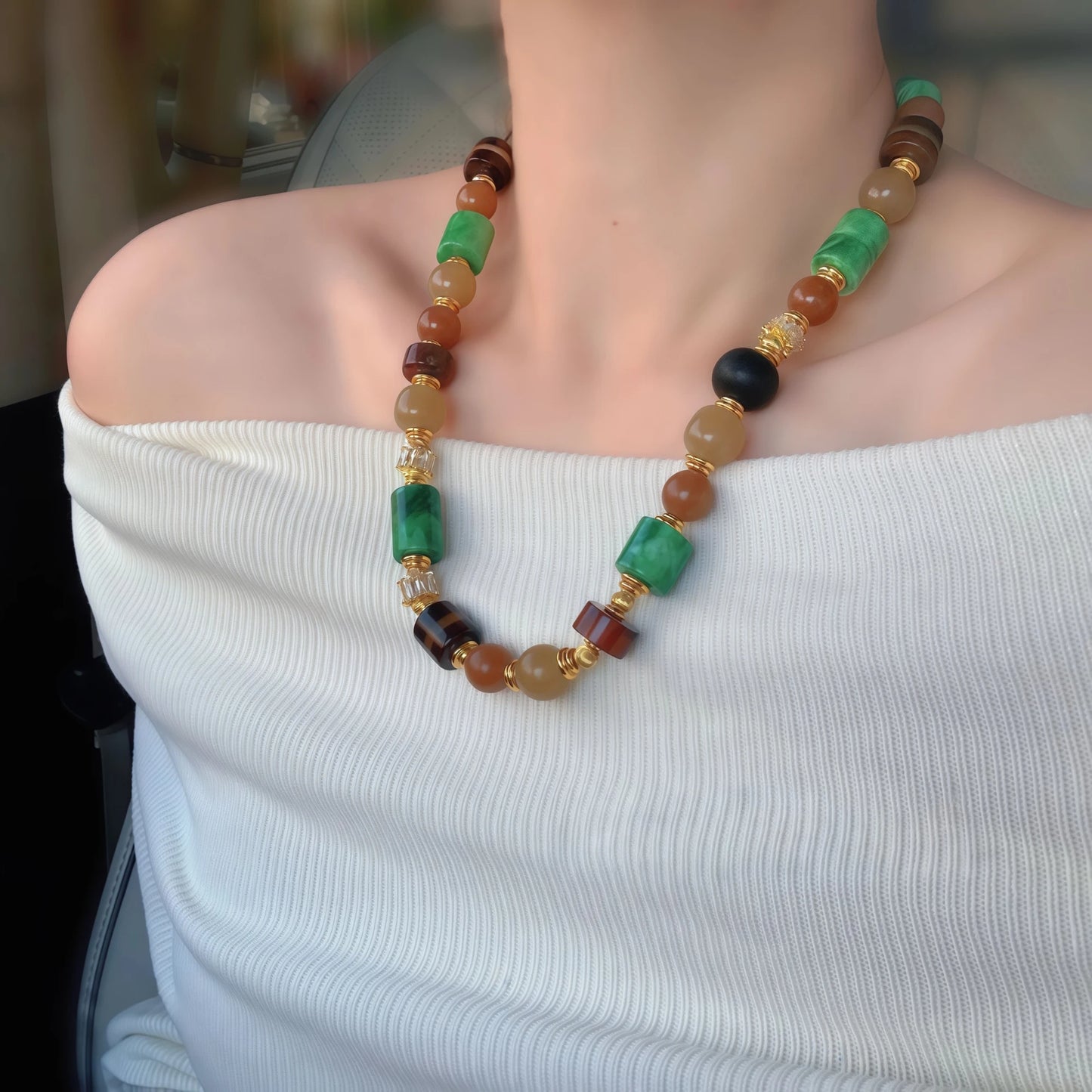 Green Jade and Caramel Agate Necklace
