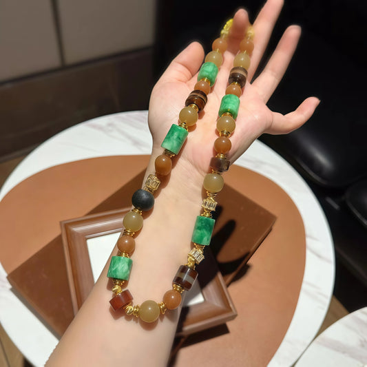 Green Jade and Caramel Agate Necklace