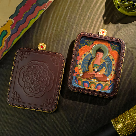 Hand-Painted Tibetan Thangka Amitabha Buddha Brass Pendant Leather Necklace