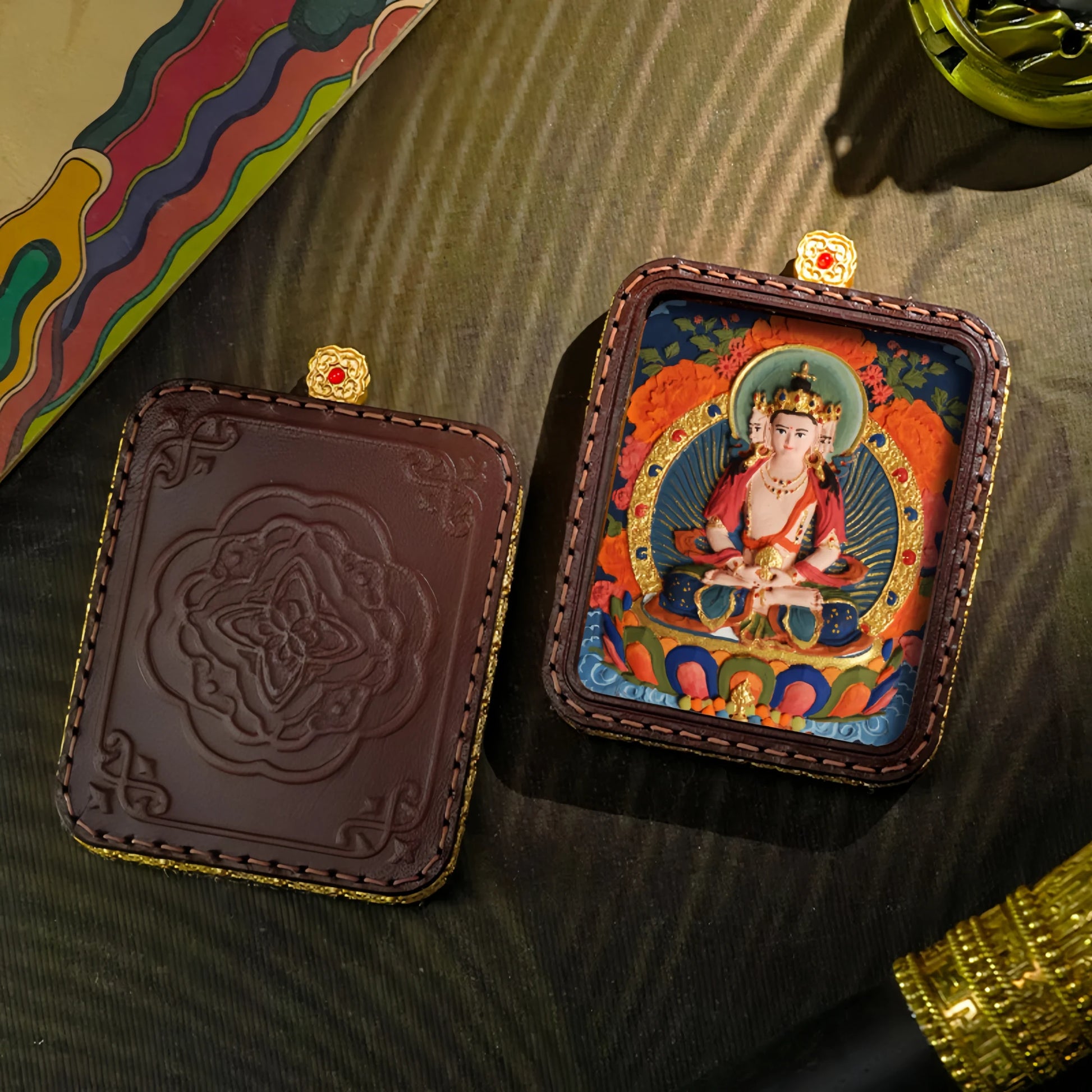 Cosmic Buddha Thangka Art Leather Necklace Spiritual Jewelry
