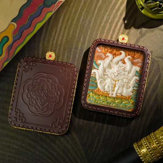 Hand-Painted White Fox Detail Thangka Artwork Pendant