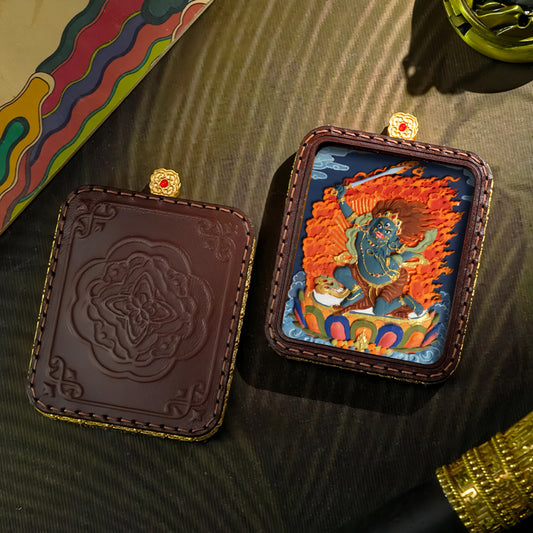 Hand-Painted Tibetan Thangka Acala Buddha Brass Pendant Leather Necklace
