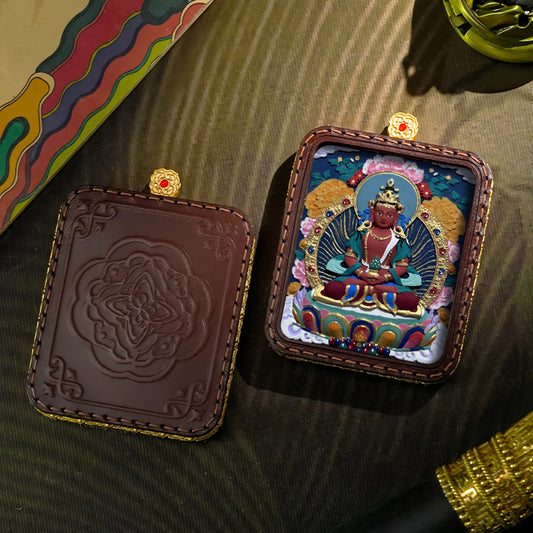 Tibetan Thangka Amitayus Pendant Brass and Leather Craft
