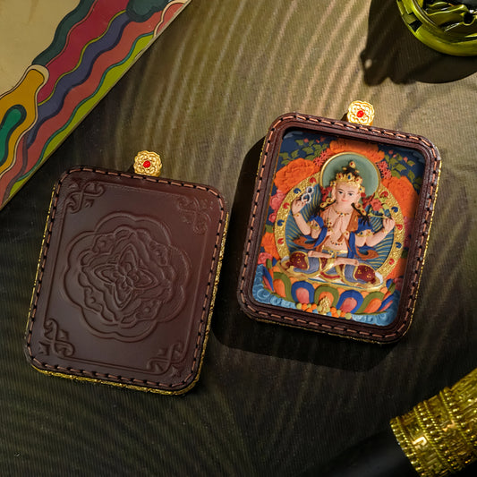 Tibetan Buddhist Compassion Deity Pendant Leather Necklace