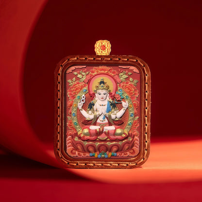 Hand-Painted Tibetan Thangka Four-Armed Bodhisattva Pendant - 55.7mm Clay Mineral Pigments Embossed Leather