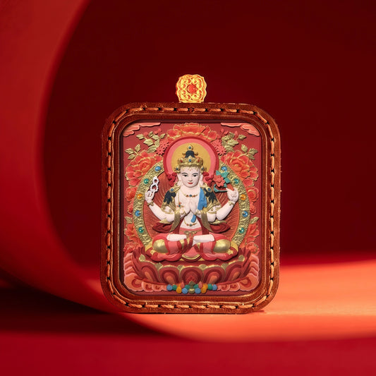 Hand-Painted Tibetan Thangka Four-Armed Bodhisattva Pendant - 55.7mm Clay Mineral Pigments Embossed Leather