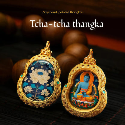 Thousand-Armed Chenrezig Handmade Thangka Gahu Pendant - Compassion & Healing Talisman