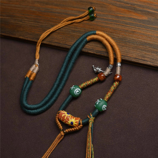Handmade Yellow-Green Old Glass & Camel Bone Tibetan Silver Alloy Cotton String Necklace - 70cm Non-Adjustable, Earth+Metal Element, Tibetan Ethnic Charm