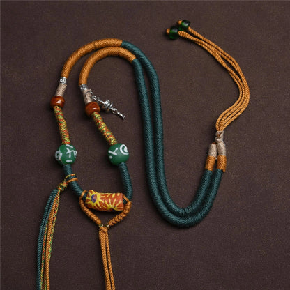 Handmade Yellow-Green Old Glass & Camel Bone Tibetan Silver Alloy Cotton String Necklace - 70cm Non-Adjustable, Earth+Metal Element, Tibetan Ethnic Charm