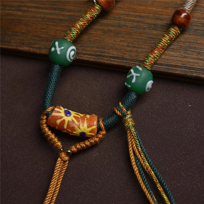 Handmade Yellow-Green Old Glass & Camel Bone Tibetan Silver Alloy Cotton String Necklace - 70cm Non-Adjustable, Earth+Metal Element, Tibetan Ethnic Charm