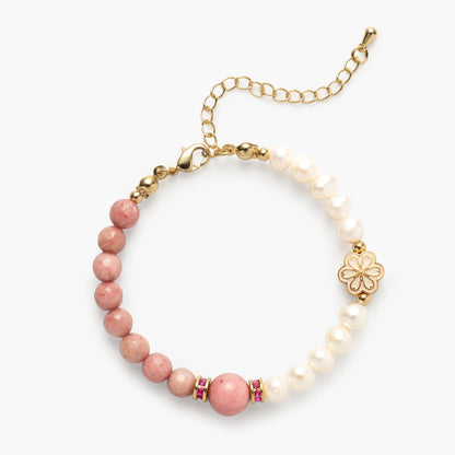 The July Birthstone Bracelet by Mulstio, featuring powerful Inca Rose for profound heart chakra healing and luminous Pearl for gentle emotional soothing.