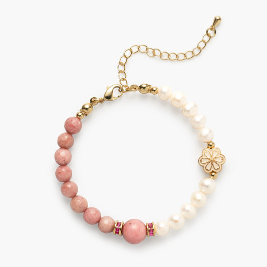 The July Birthstone Bracelet by Mulstio, featuring powerful Inca Rose for profound heart chakra healing and luminous Pearl for gentle emotional soothing.