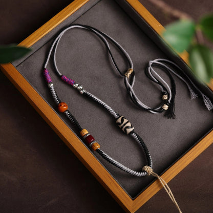 Masculine Tibetan Dzi Bead & Ox Bone Asymmetric Adjustable Handwoven String Necklace - Earth+Metal Element, Rugged Charm & Protective Strength