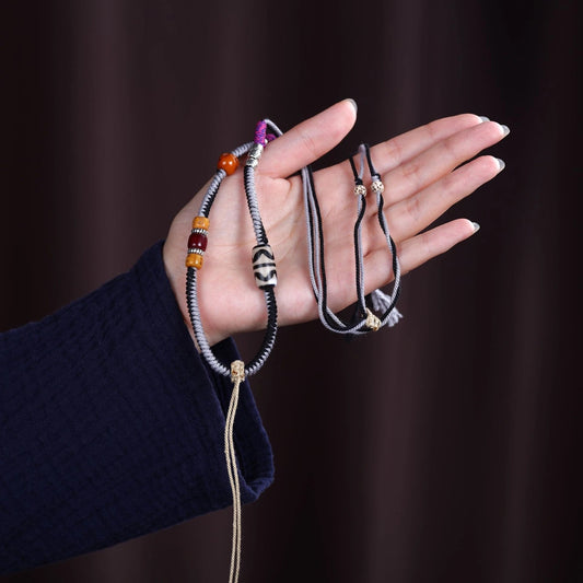 Masculine Tibetan Dzi Bead & Ox Bone Asymmetric Adjustable Handwoven String Necklace - Earth+Metal Element, Rugged Charm & Protective Strength