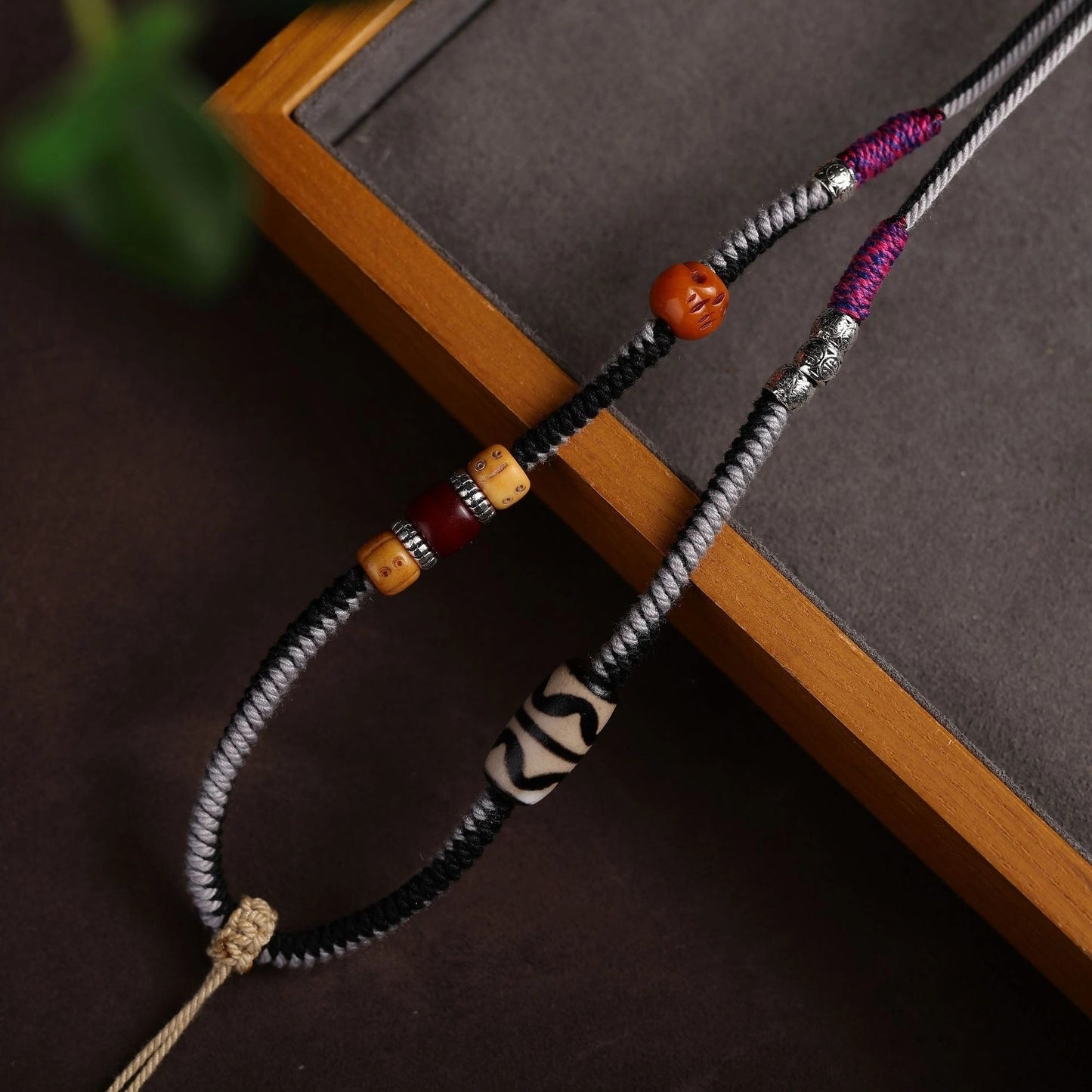Masculine Tibetan Dzi Bead & Ox Bone Asymmetric Adjustable Handwoven String Necklace - Earth+Metal Element, Rugged Charm & Protective Strength
