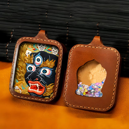 Mahakala Leather Handmade Thangka Pendant - Protection Empowerment Talisman