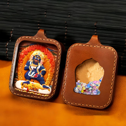 Mahakala Human Form Leather Handmade Thangka Pendant - Inner Demon Conquest Talisman