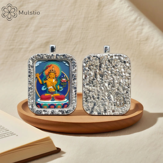 Manjushri Silver Handmade Thangka Pendant - Wisdom Enlightenment Talisman