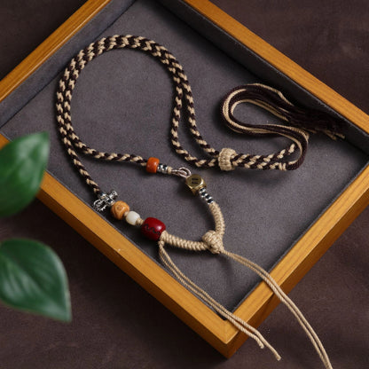 Masculine Copper Dice & Wood Bead Agate Adjustable Handwoven String Necklace - Earth+Metal Element, Bold Style & Opportunity Luck