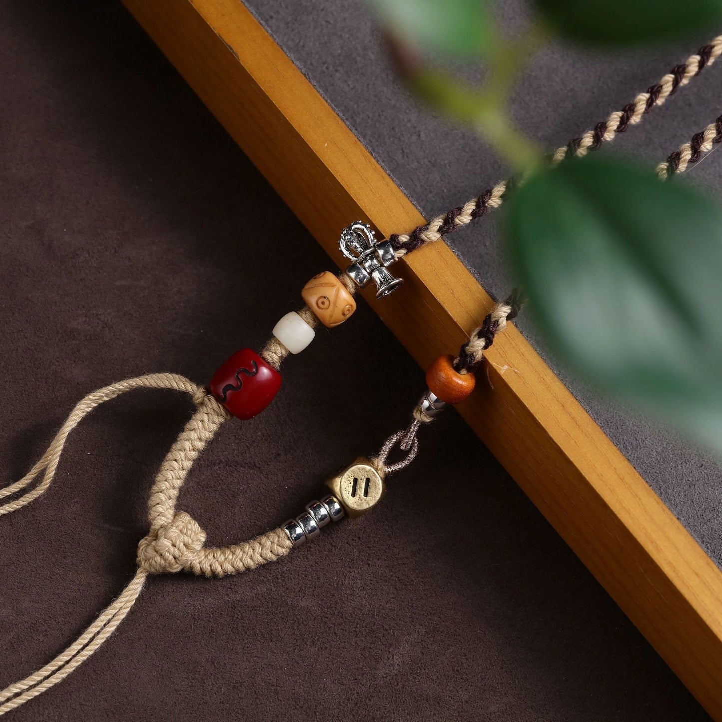 Masculine Copper Dice & Wood Bead Agate Adjustable Handwoven String Necklace - Earth+Metal Element, Bold Style & Opportunity Luck