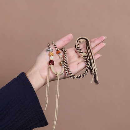Masculine Copper Dice & Wood Bead Agate Adjustable Handwoven String Necklace - Earth+Metal Element, Bold Style & Opportunity Luck