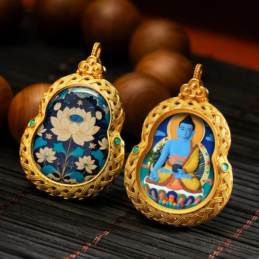 Medicine Buddha Handmade Thangka Gahu Pendant - Healing & Wellness Talisman