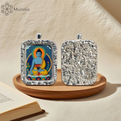 Medicine Buddha Silver Handmade Thangka Pendant - Healing Wellness Talisman
