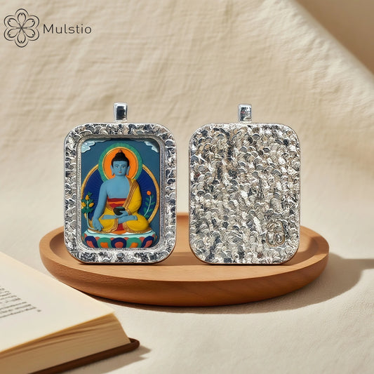 Medicine Buddha Silver Handmade Thangka Pendant - Healing Wellness Talisman