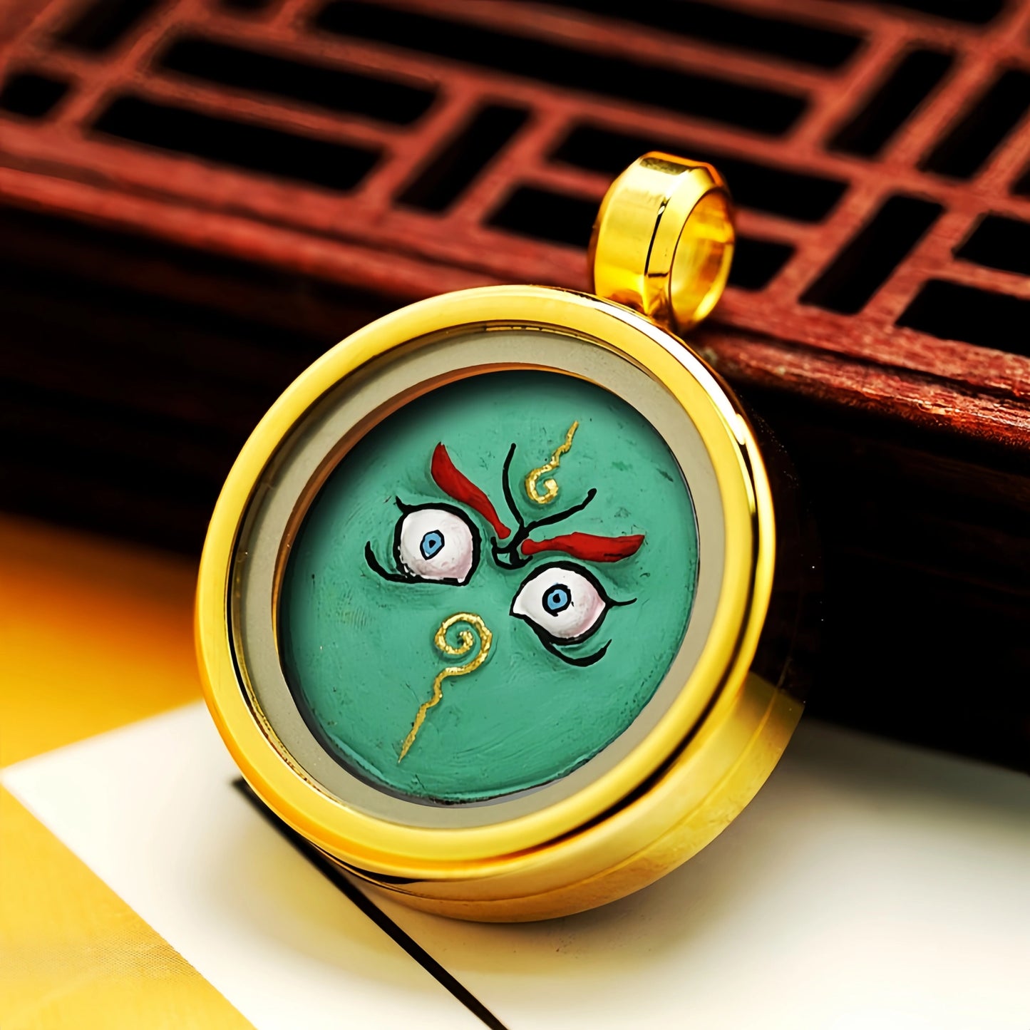 Green Wealth Eye in Golden Titanium Frame - Career Growth & Business Success Buddhist Symbol