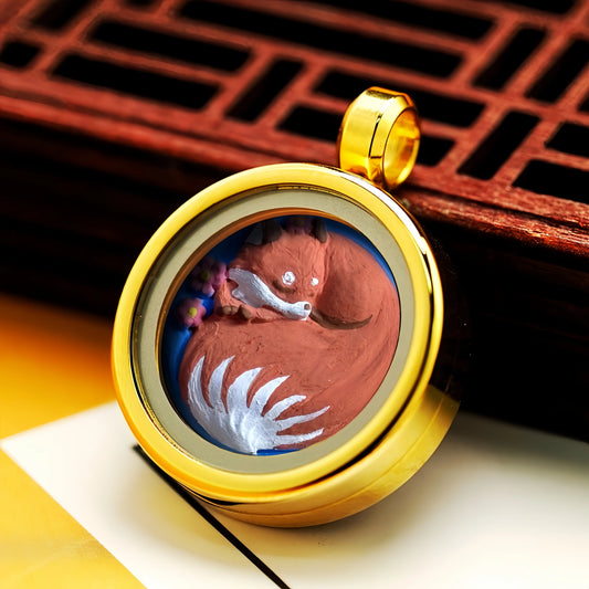 Mini Fox Spirit Thangka Necklace with Glass Gau Box - Celestial Fox Deity Jewelry