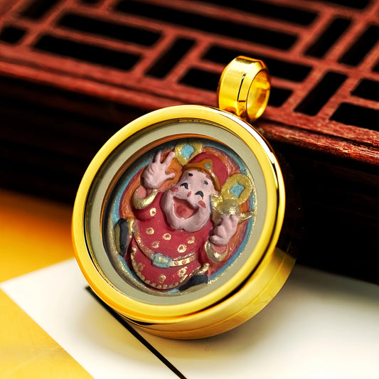Mini God of Fortune and Wealth Necklace with Glass Gau Box - Luck & Prosperity Deity Jewelry