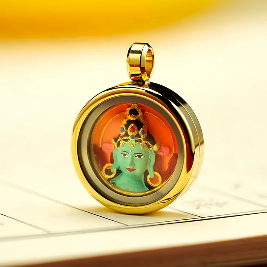 Hand-Painted Clay Green Tara Statue in Golden Frame - Swift Help Buddhist Necklace