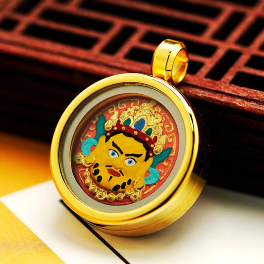 Mini Yellow Jambhala Thangka Necklace with Glass Gau Box - Wealth Deity Jewelry