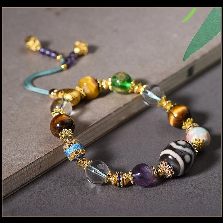 Multi-Gemstone Beaded Bracelet with Gold Accents - Tibetan Dzi, Amethyst, Clear Quartz, Tiger Eye, Agate, Glass, Silver & Copper - Handwoven Cotton String - Five Elements Balance, Protection & Prosperity