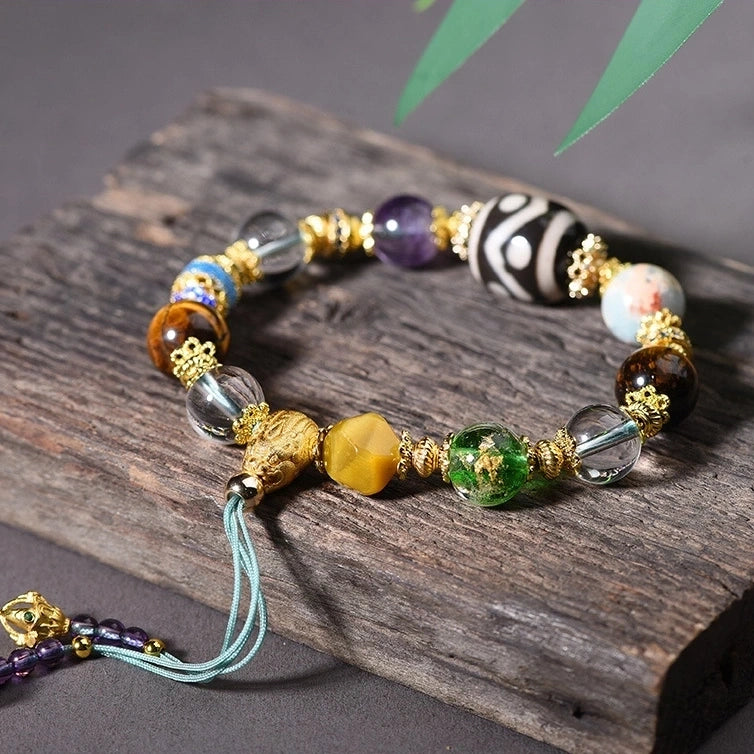 Multi-Gemstone Beaded Bracelet with Gold Accents - Tibetan Dzi, Amethyst, Clear Quartz, Tiger Eye, Agate, Glass, Silver & Copper - Handwoven Cotton String - Five Elements Balance, Protection & Prosperity