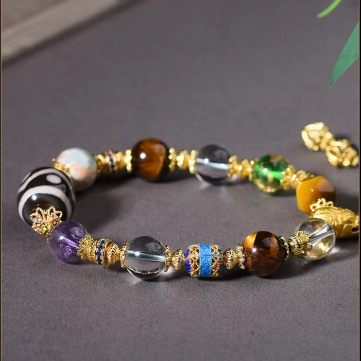 Multi-Gemstone Beaded Bracelet with Gold Accents - Tibetan Dzi, Amethyst, Clear Quartz, Tiger Eye, Agate, Glass, Silver & Copper - Handwoven Cotton String - Five Elements Balance, Protection & Prosperity