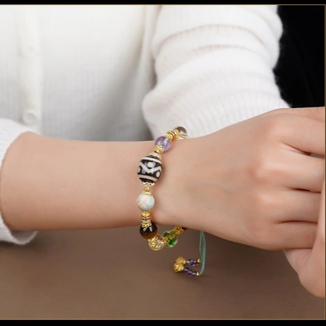 Multi-Gemstone Beaded Bracelet with Gold Accents - Tibetan Dzi, Amethyst, Clear Quartz, Tiger Eye, Agate, Glass, Silver & Copper - Handwoven Cotton String - Five Elements Balance, Protection & Prosperity
