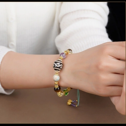 Multi-Gemstone Beaded Bracelet with Gold Accents - Tibetan Dzi, Amethyst, Clear Quartz, Tiger Eye, Agate, Glass, Silver & Copper - Handwoven Cotton String - Five Elements Balance, Protection & Prosperity