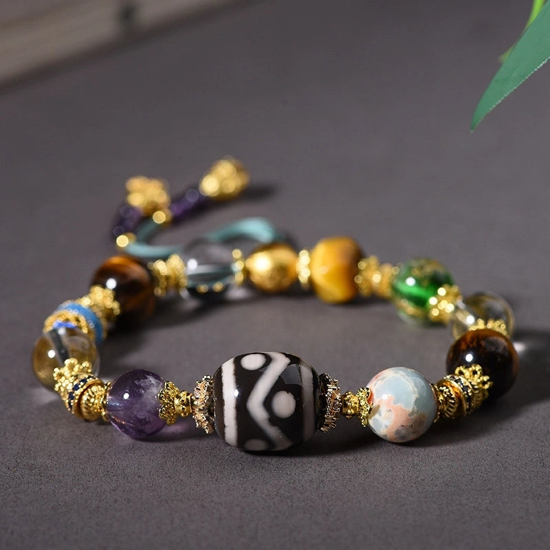 Multi-Gemstone Beaded Bracelet with Gold Accents - Tibetan Dzi, Amethyst, Clear Quartz, Tiger Eye, Agate, Glass, Silver & Copper - Handwoven Cotton String - Five Elements Balance, Protection & Prosperity
