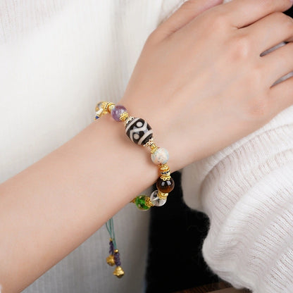 Multi-Gemstone Beaded Bracelet with Gold Accents - Tibetan Dzi, Amethyst, Clear Quartz, Tiger Eye, Agate, Glass, Silver & Copper - Handwoven Cotton String - Five Elements Balance, Protection & Prosperity