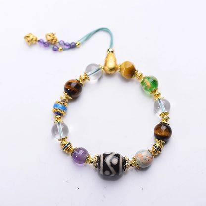 Multi-Gemstone Beaded Bracelet with Gold Accents - Tibetan Dzi, Amethyst, Clear Quartz, Tiger Eye, Agate, Glass, Silver & Copper - Handwoven Cotton String - Five Elements Balance, Protection & Prosperity
