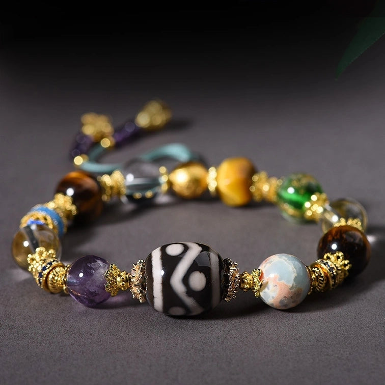 Multi-Gemstone Beaded Bracelet with Gold Accents - Tibetan Dzi, Amethyst, Clear Quartz, Tiger Eye, Agate, Glass, Silver & Copper - Handwoven Cotton String - Five Elements Balance, Protection & Prosperity