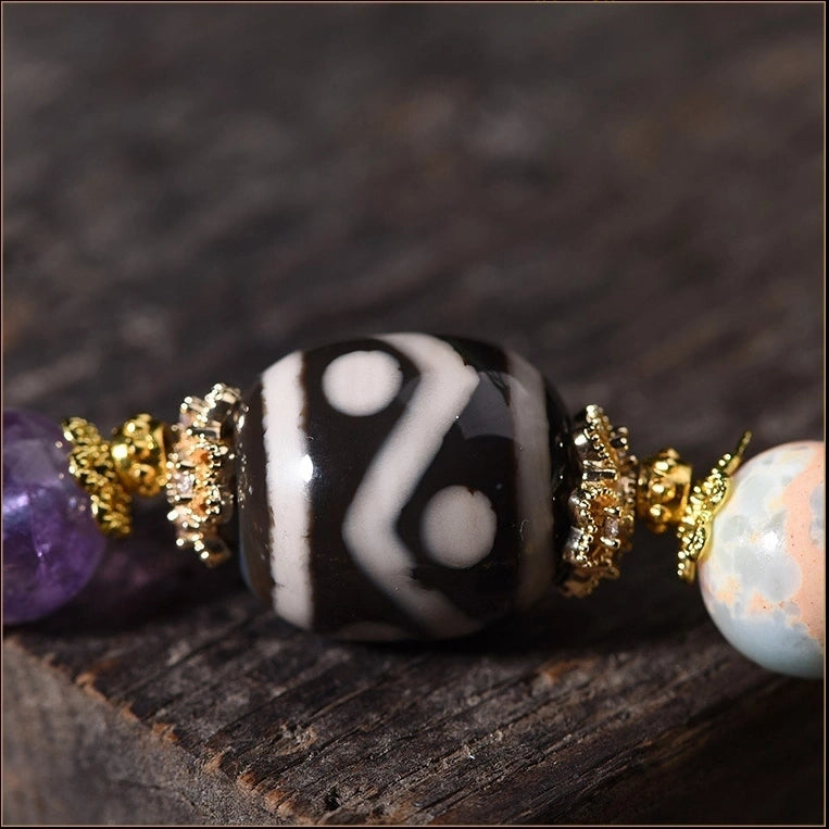 Multi-Gemstone Beaded Bracelet with Gold Accents - Tibetan Dzi, Amethyst, Clear Quartz, Tiger Eye, Agate, Glass, Silver & Copper - Handwoven Cotton String - Five Elements Balance, Protection & Prosperity