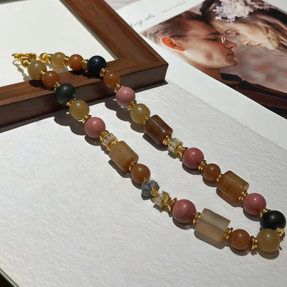 Multicolor Agate and Rhodolite Necklace with Golden Crystals and Beads