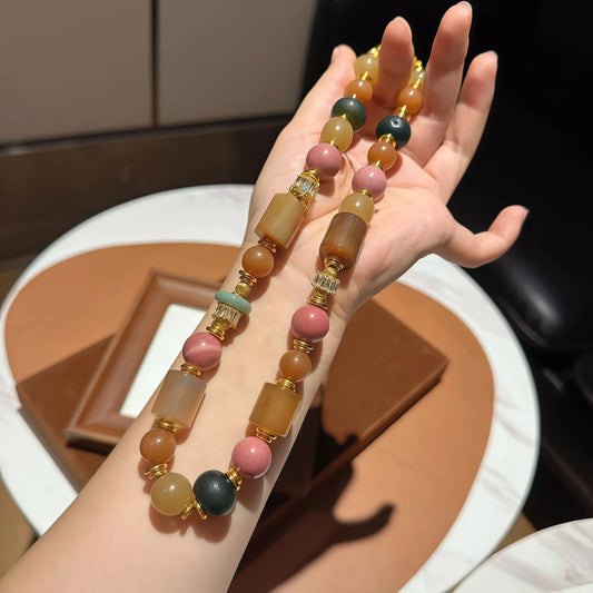 Multicolor Agate and Rhodolite Necklace with Golden Crystals and Beads