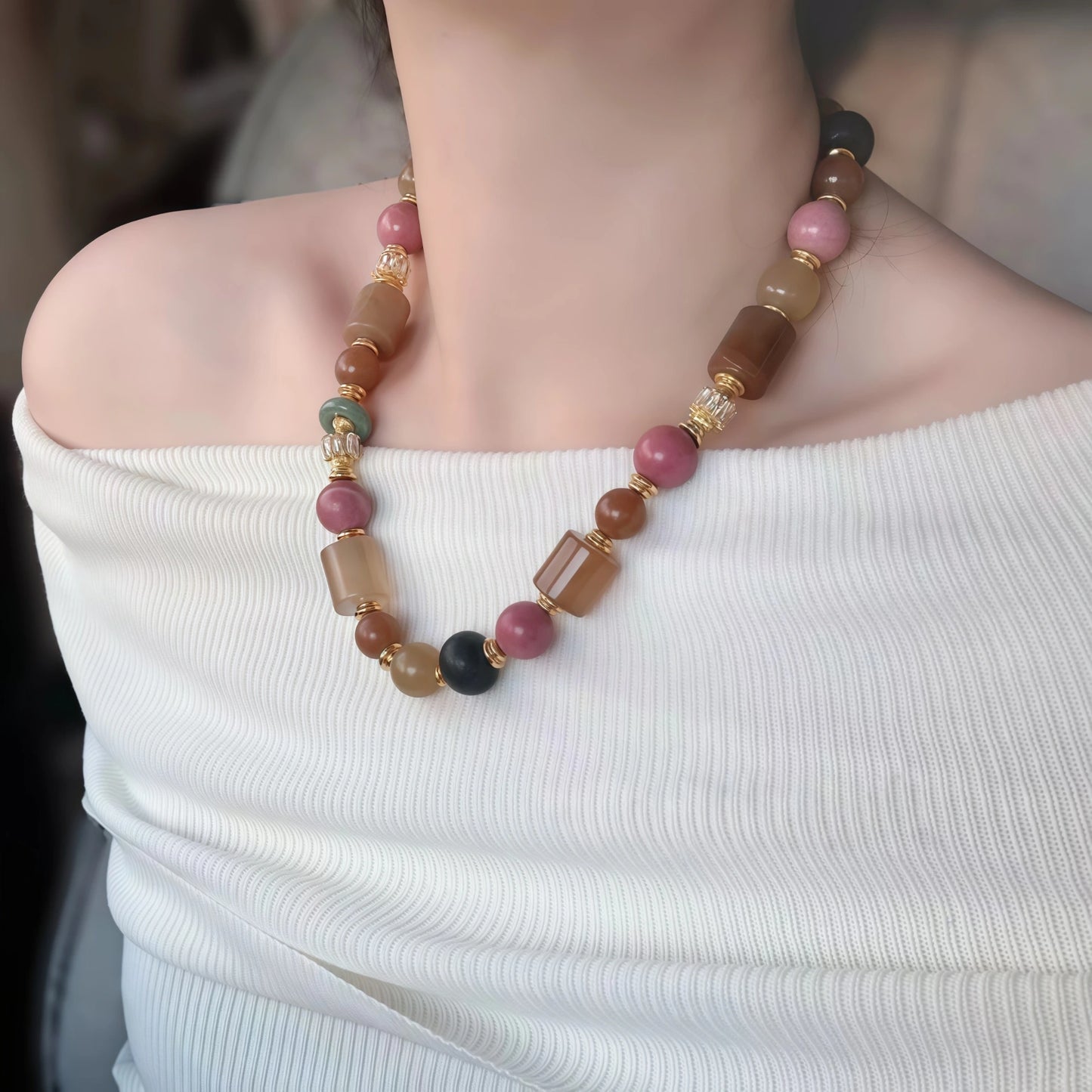 Multicolor Agate and Rhodolite Necklace with Golden Crystals and Beads