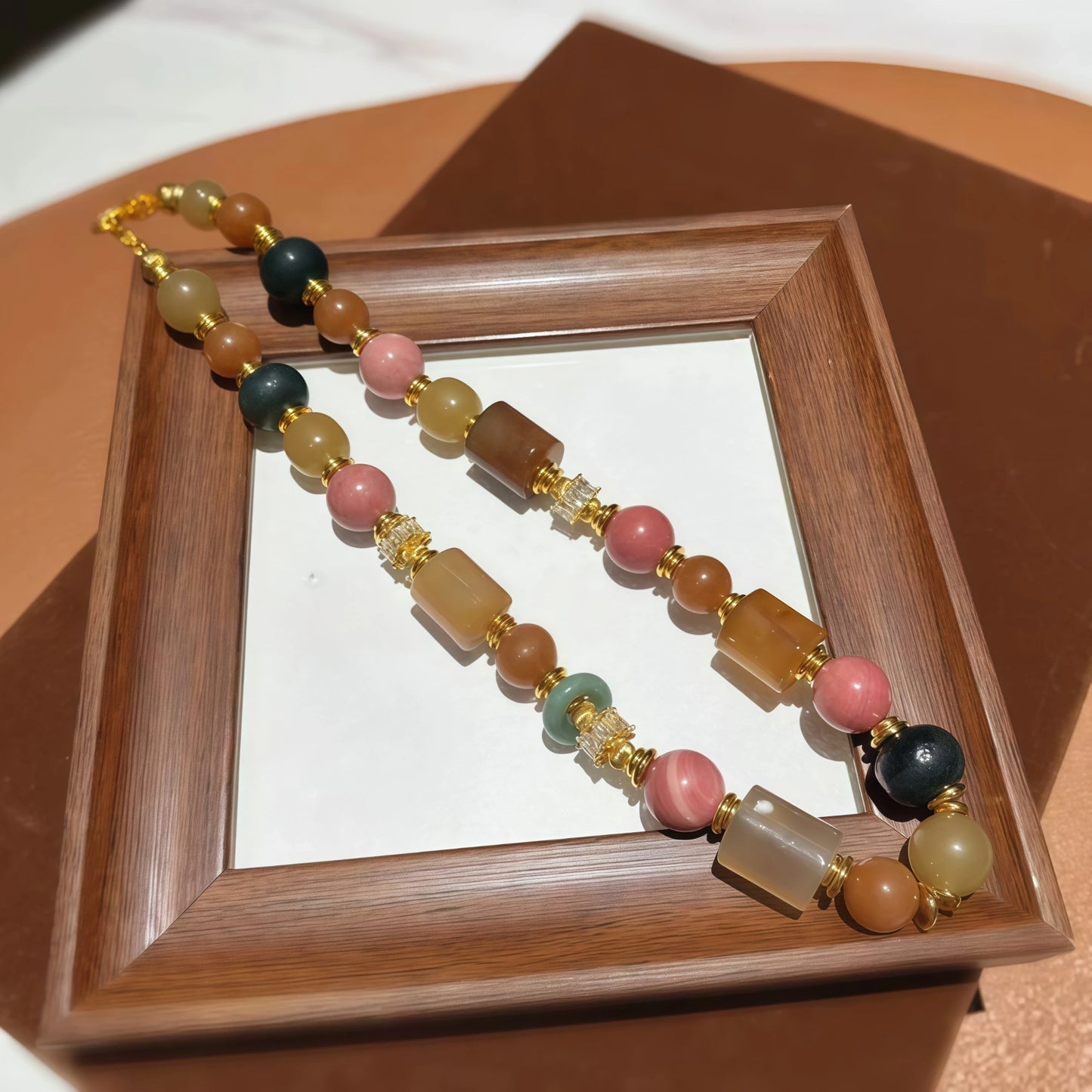Multicolor Agate and Rhodolite Necklace with Golden Crystals and Beads